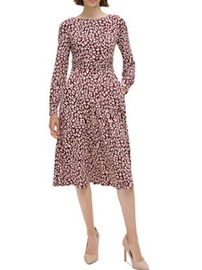Jessica Howard/Macy’s Burgundy and Cream Long-Sleeve Printed Midi Dress